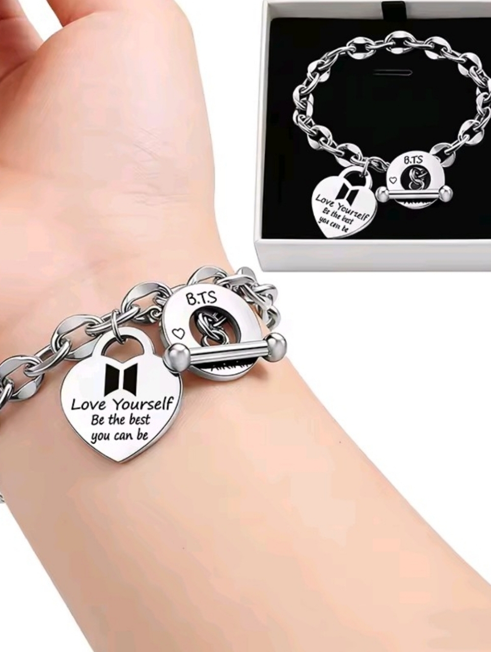 ​BTS Love Yourself Heart Charm Bracelet Stainless Steel K-Pop Army Jewelry